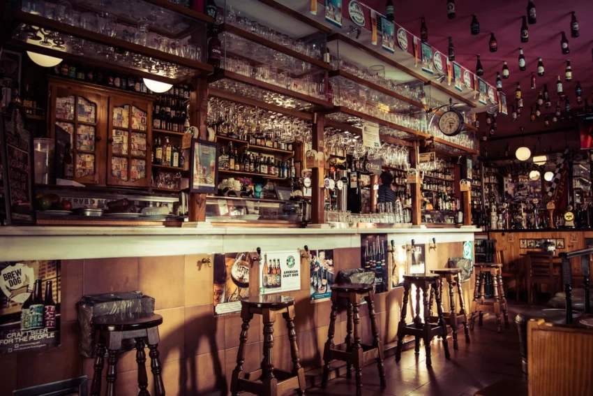Bar stools, glass cups empty